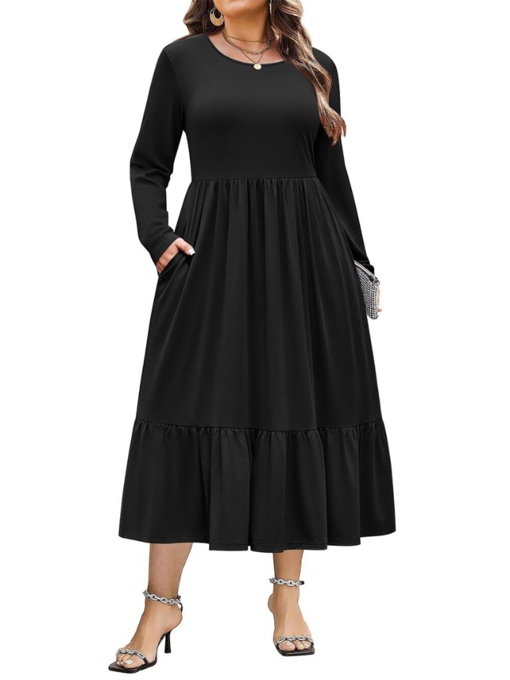 Women Plus Size Long Sleeve Dresses Casual Maxi Pockets Dress